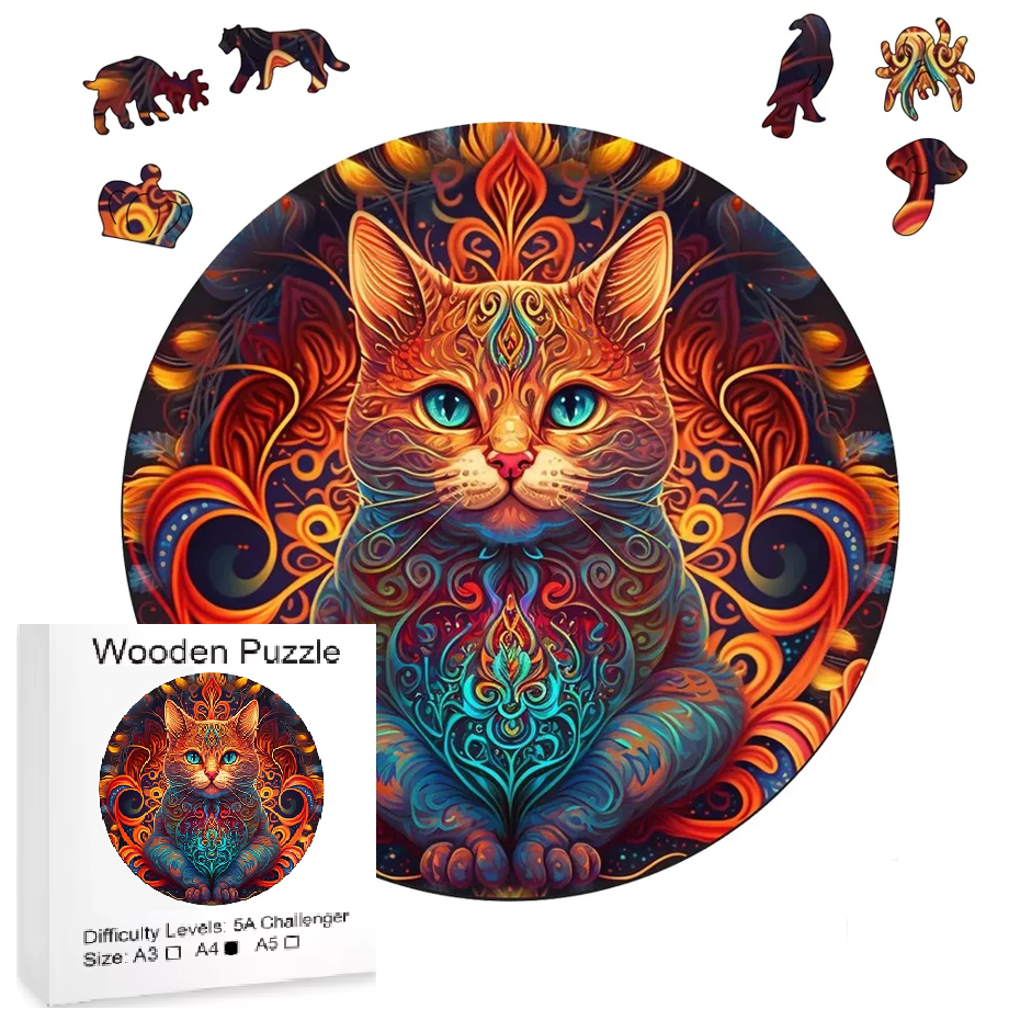 PUZZLE DREWNIANE KOT W PŁOMIENIACH - KREATYWNA UKŁADANKA DLA DZIECI I DOROSŁYCH