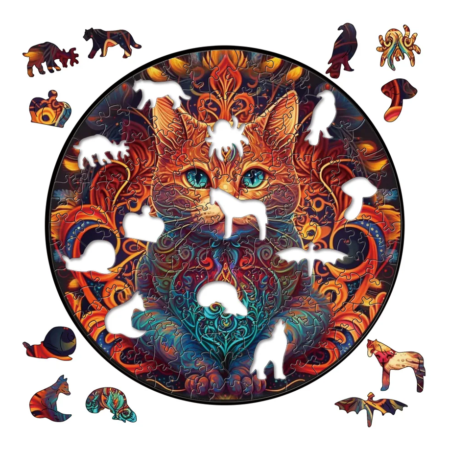 PUZZLE DREWNIANE KOT W PŁOMIENIACH - KREATYWNA UKŁADANKA DLA DZIECI I DOROSŁYCH