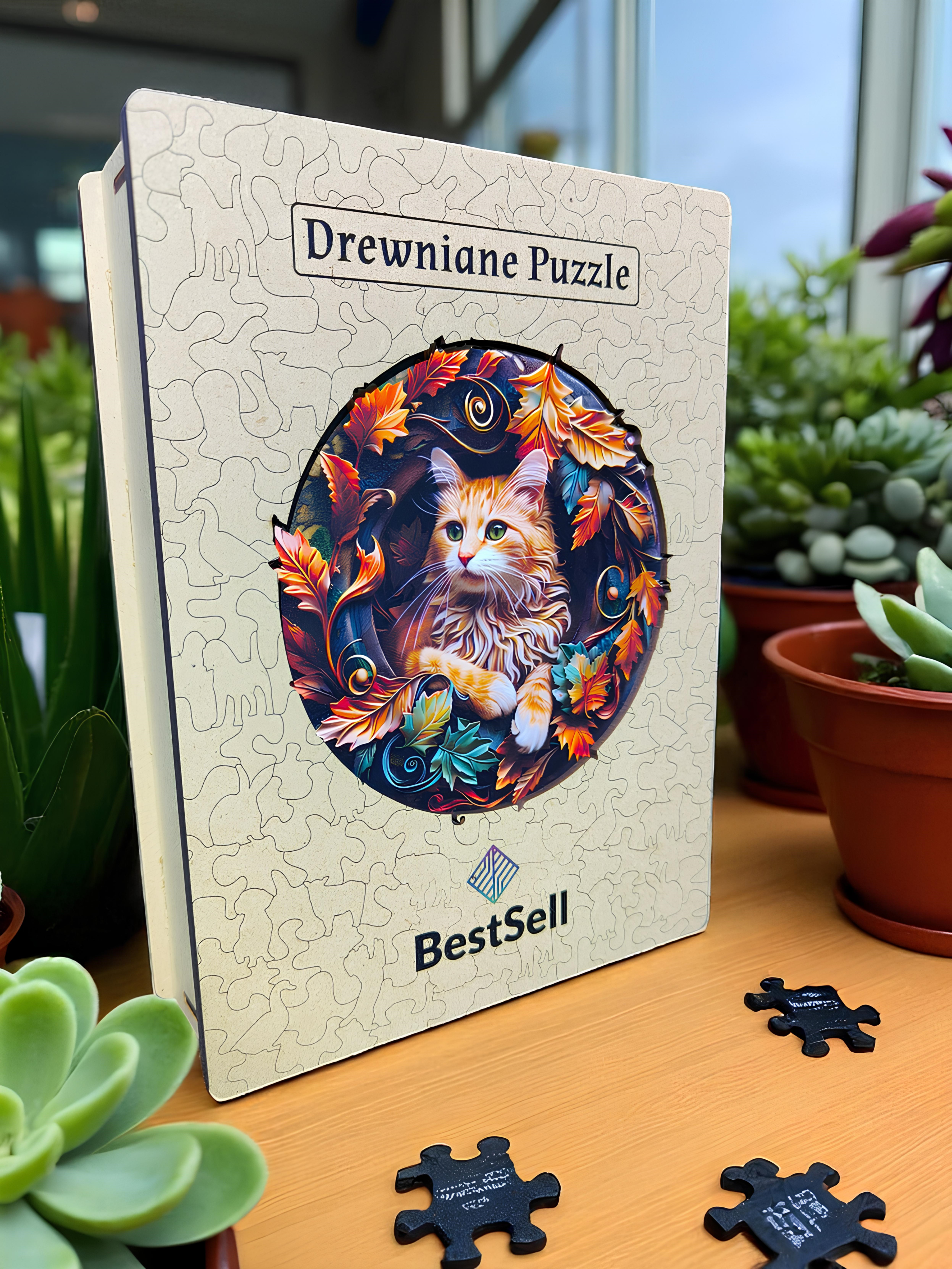 DREWNIANE PUZZLE BESTSELL ZAMYŚLONY KOT - UKŁADANKA PUZZLE W KSZTAŁCIE ZWIERZĄT DLA DZIECI I DOROSŁYCH
