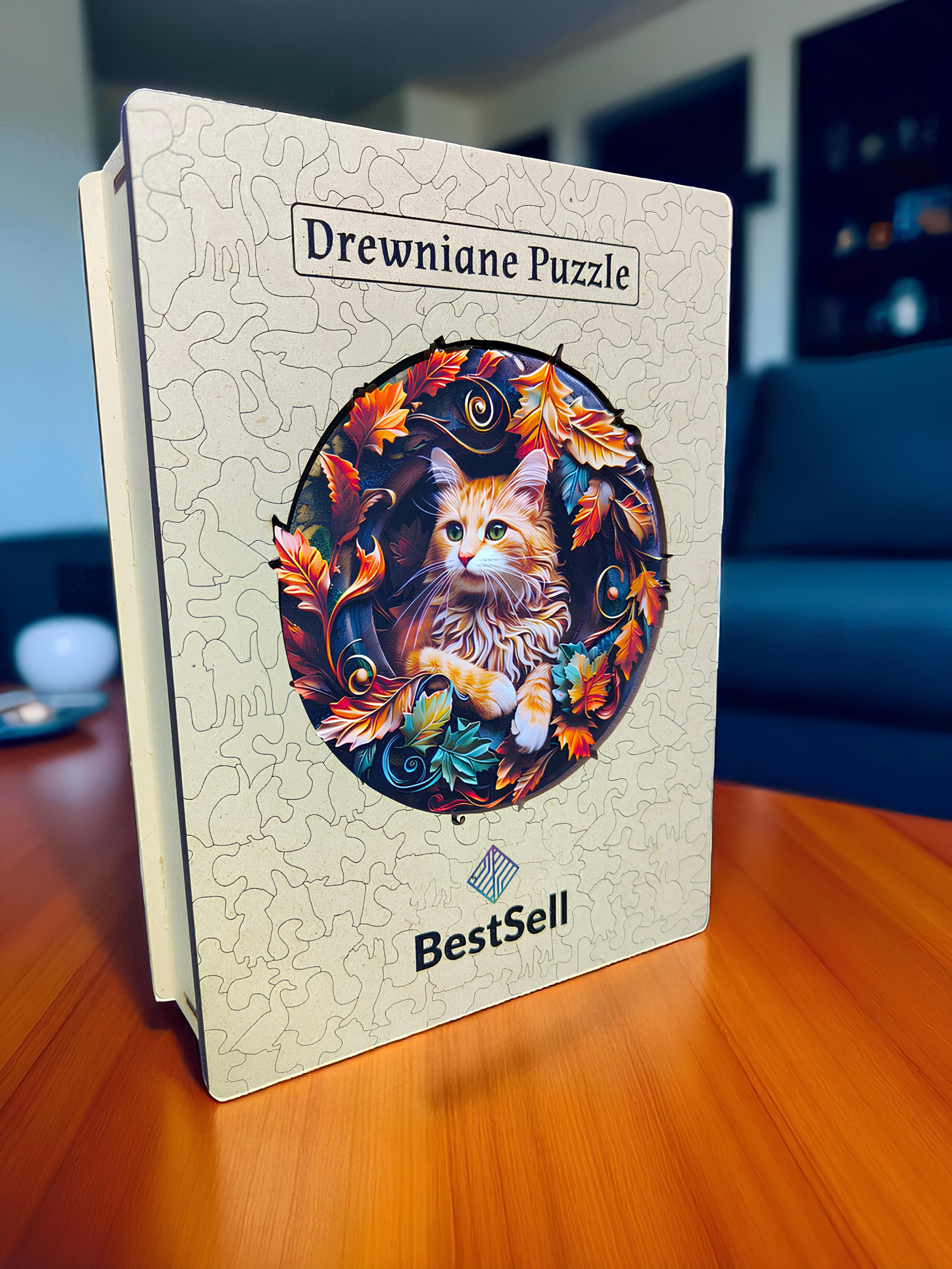 DREWNIANE PUZZLE BESTSELL ZAMYŚLONY KOT - UKŁADANKA PUZZLE W KSZTAŁCIE ZWIERZĄT DLA DZIECI I DOROSŁYCH
