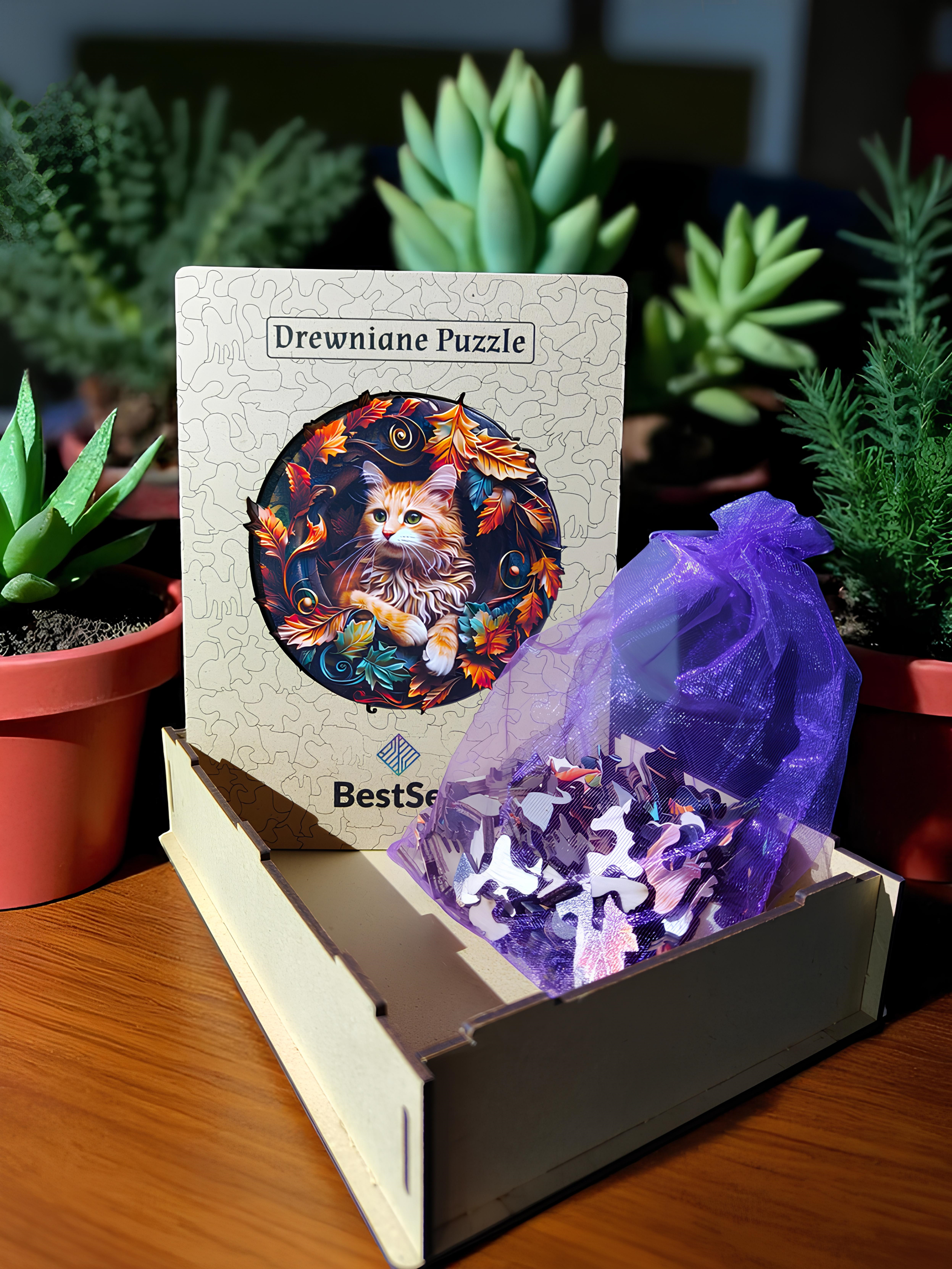 DREWNIANE PUZZLE BESTSELL ZAMYŚLONY KOT - UKŁADANKA PUZZLE W KSZTAŁCIE ZWIERZĄT DLA DZIECI I DOROSŁYCH