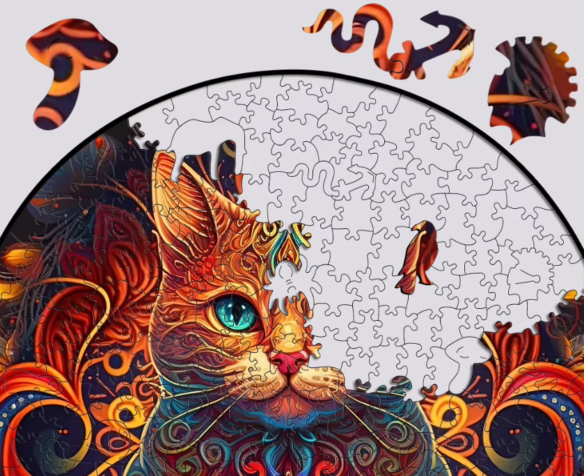 PUZZLE DREWNIANE KOT W PŁOMIENIACH - KREATYWNA UKŁADANKA DLA DZIECI I DOROSŁYCH