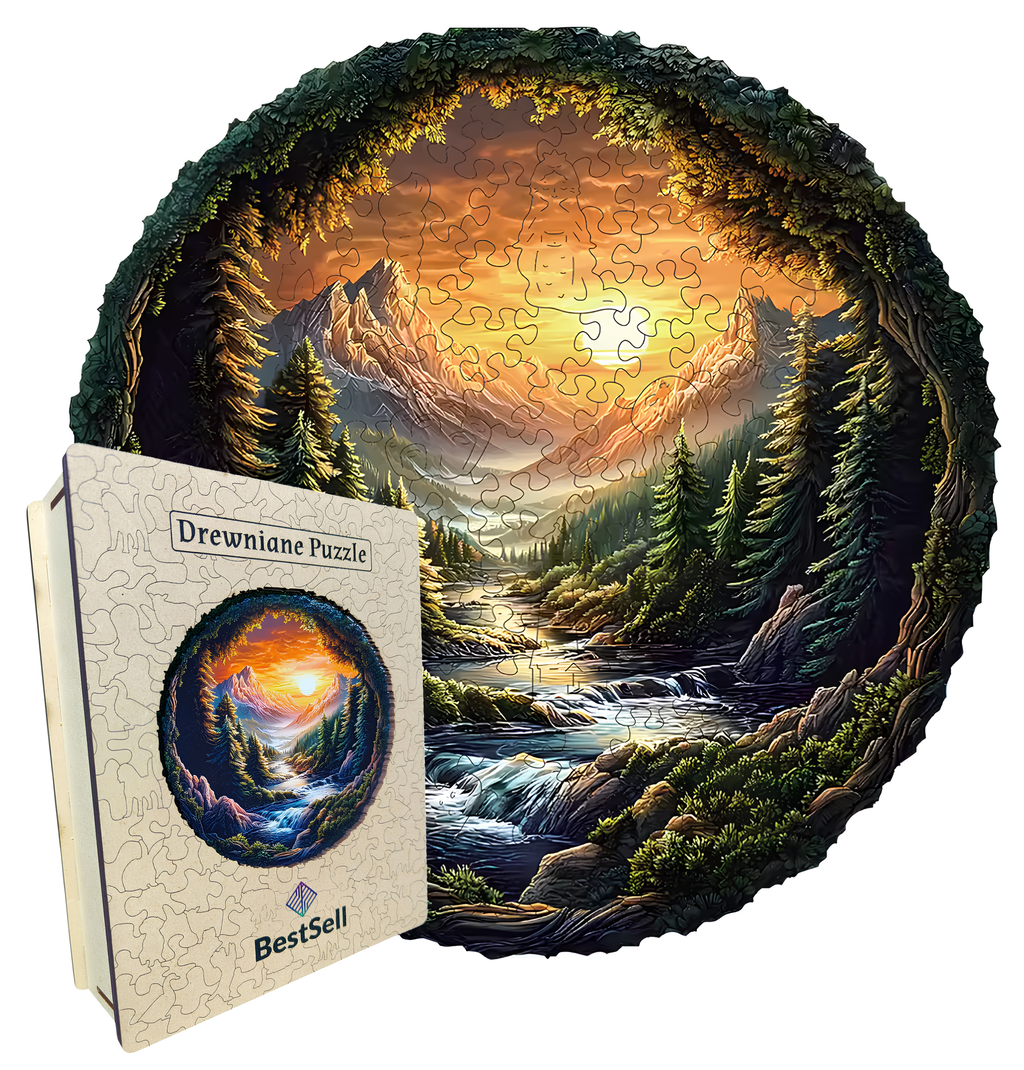 PUZZLE DREWNIANE KRAJOBRAZ - LAS, GÓRY, STRUMIEŃ, UKŁADANKA ZWIERZĘTA DLA DZIECI I DOROSŁYCH + DREWNIANE PUDEŁKO