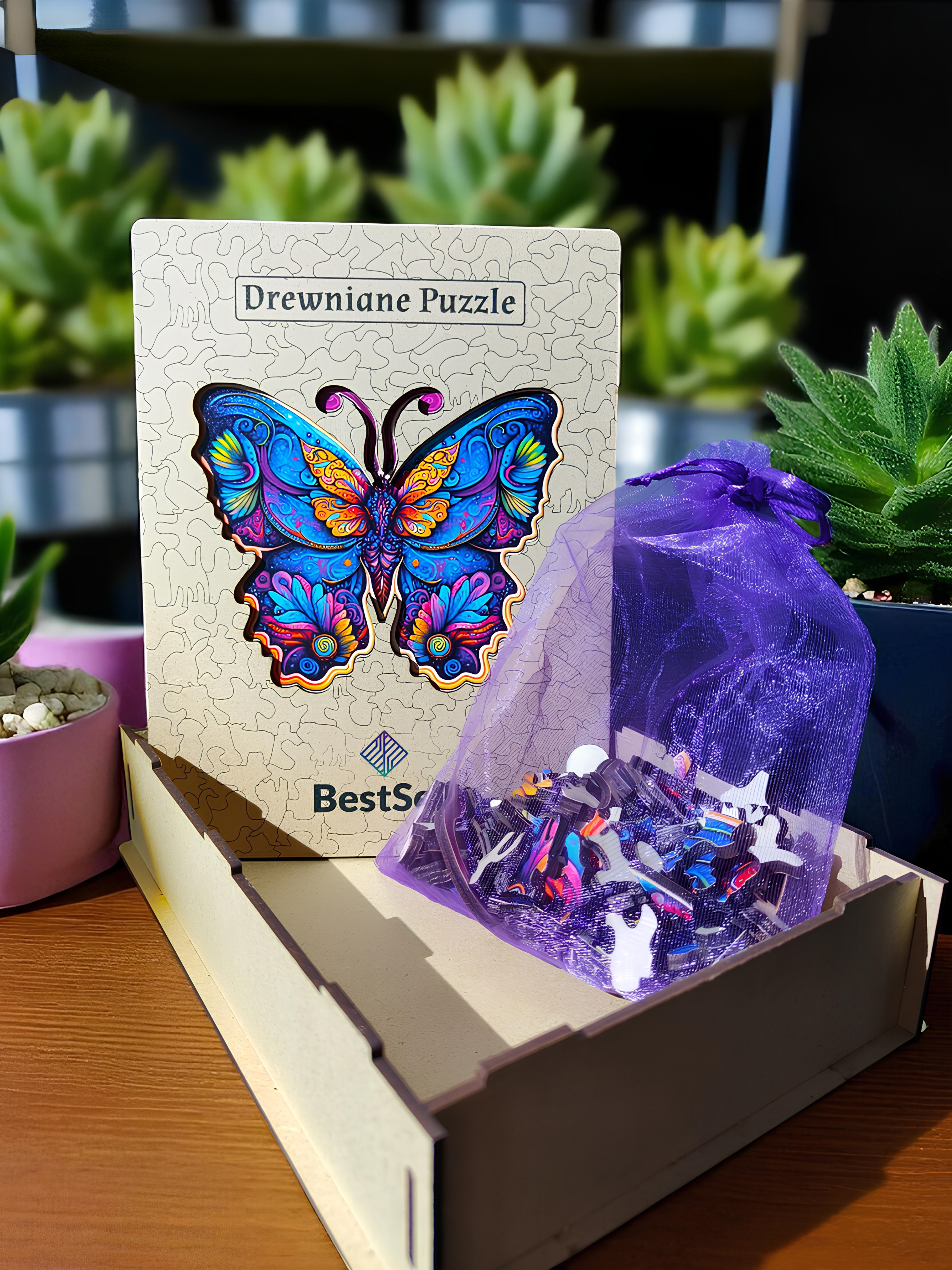 DREWNIANE PUZZLE BESTSELL NIEBIESKI MOTYL - MOTYLEK Z PUZZLI UKŁADANKA DLA DZIECI I DOROSŁYCH NA PREZENT