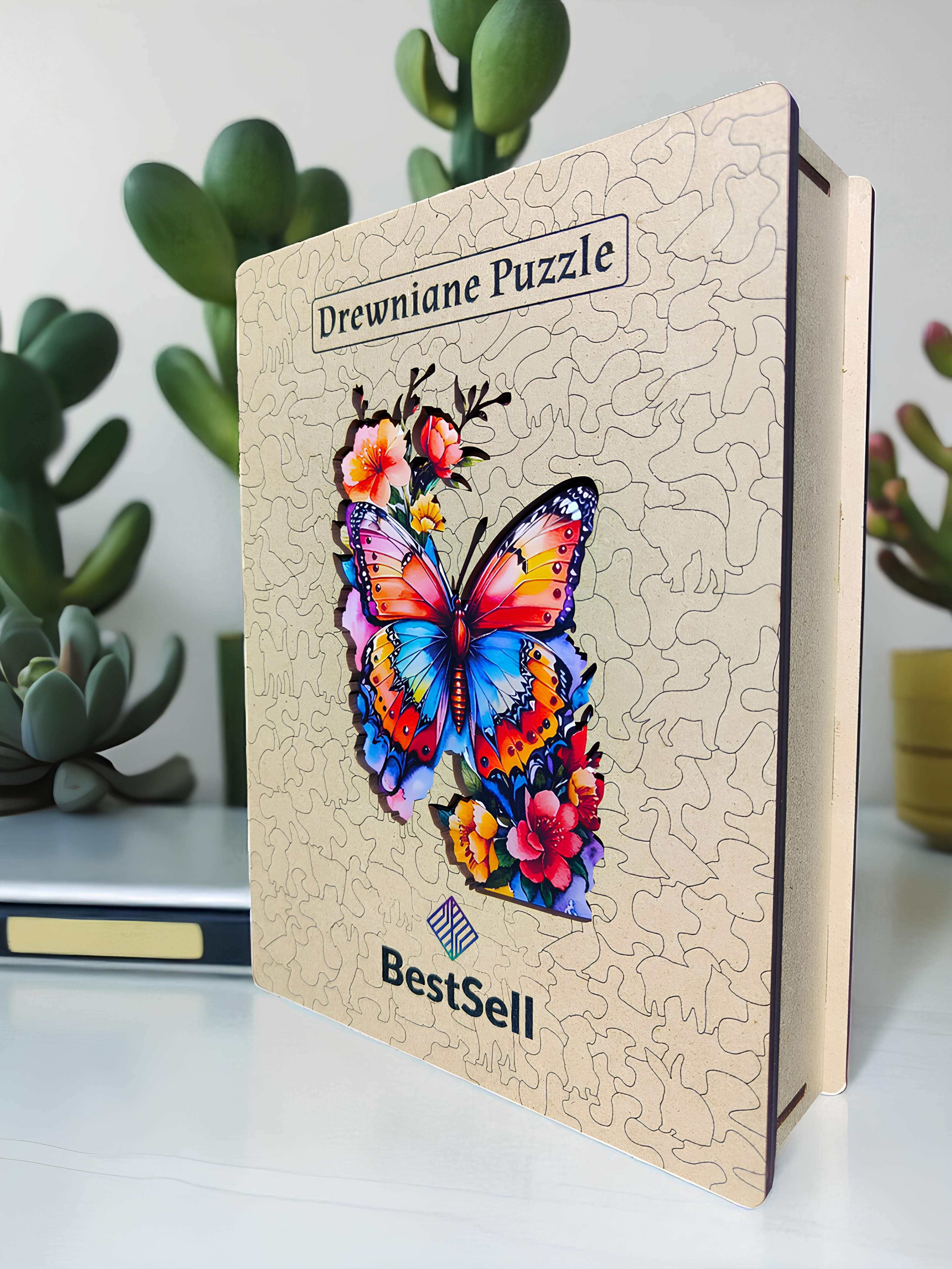 DREWNIANE PUZZLE BESTSELL KOLOROWY MOTYL W KWIATACH - UKŁADANKA ZWIERZĘTA Z PUZZLI DLA DZIECI I DOROSŁYCH