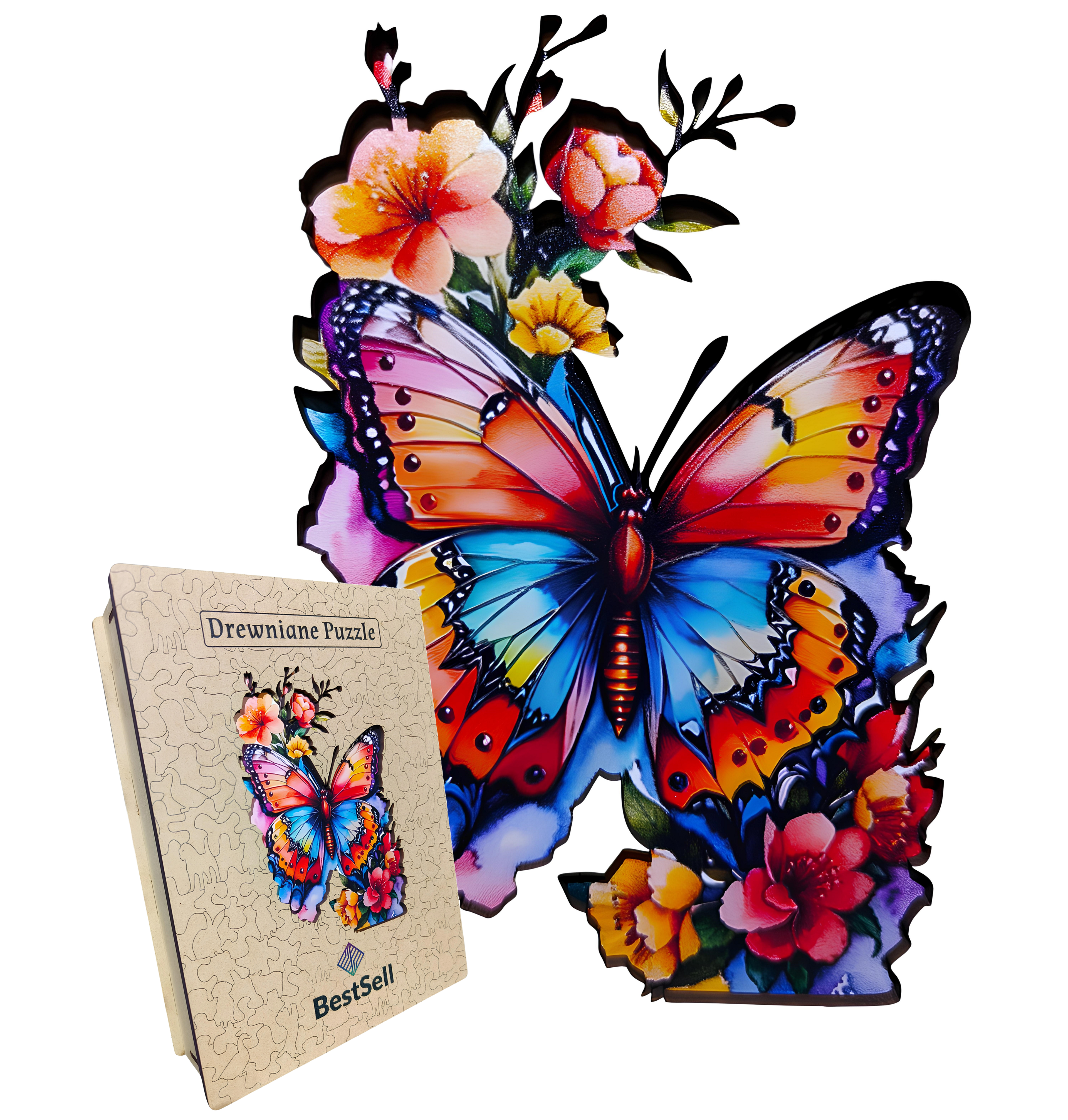 DREWNIANE PUZZLE BESTSELL KOLOROWY MOTYL W KWIATACH - UKŁADANKA ZWIERZĘTA Z PUZZLI DLA DZIECI I DOROSŁYCH