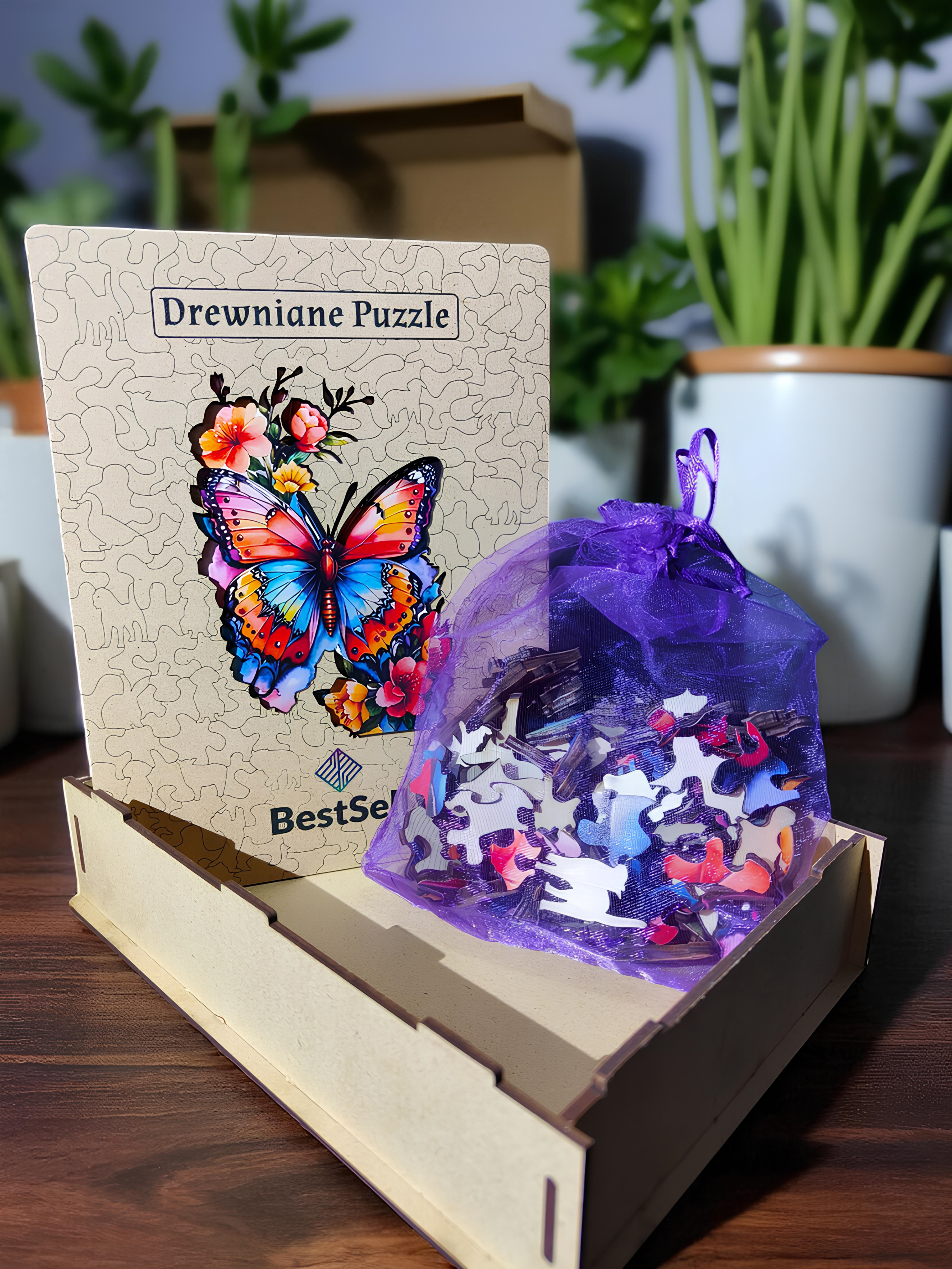 DREWNIANE PUZZLE BESTSELL KOLOROWY MOTYL W KWIATACH - UKŁADANKA ZWIERZĘTA Z PUZZLI DLA DZIECI I DOROSŁYCH