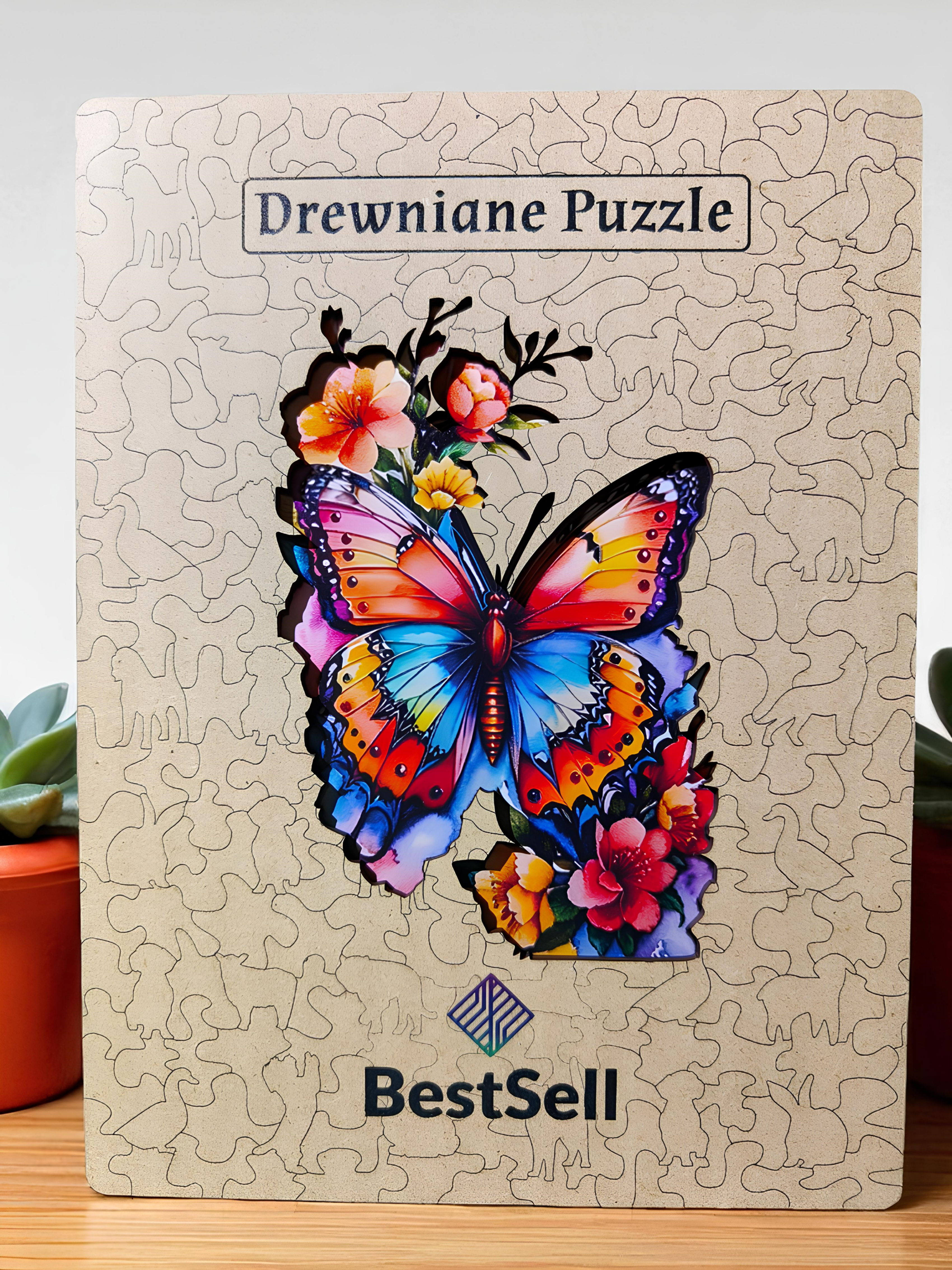 DREWNIANE PUZZLE BESTSELL KOLOROWY MOTYL W KWIATACH - UKŁADANKA ZWIERZĘTA Z PUZZLI DLA DZIECI I DOROSŁYCH