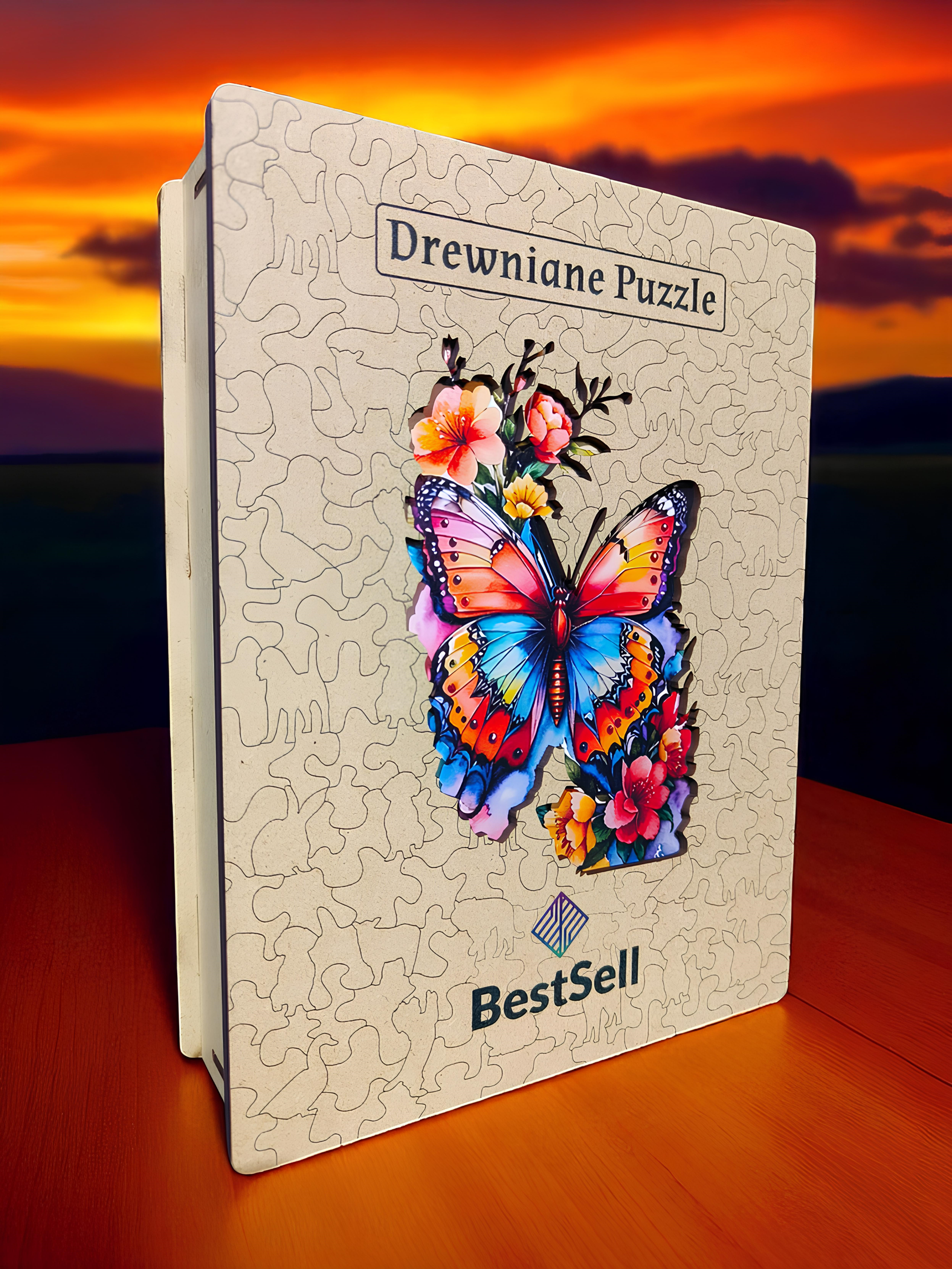 DREWNIANE PUZZLE BESTSELL KOLOROWY MOTYL W KWIATACH - UKŁADANKA ZWIERZĘTA Z PUZZLI DLA DZIECI I DOROSŁYCH