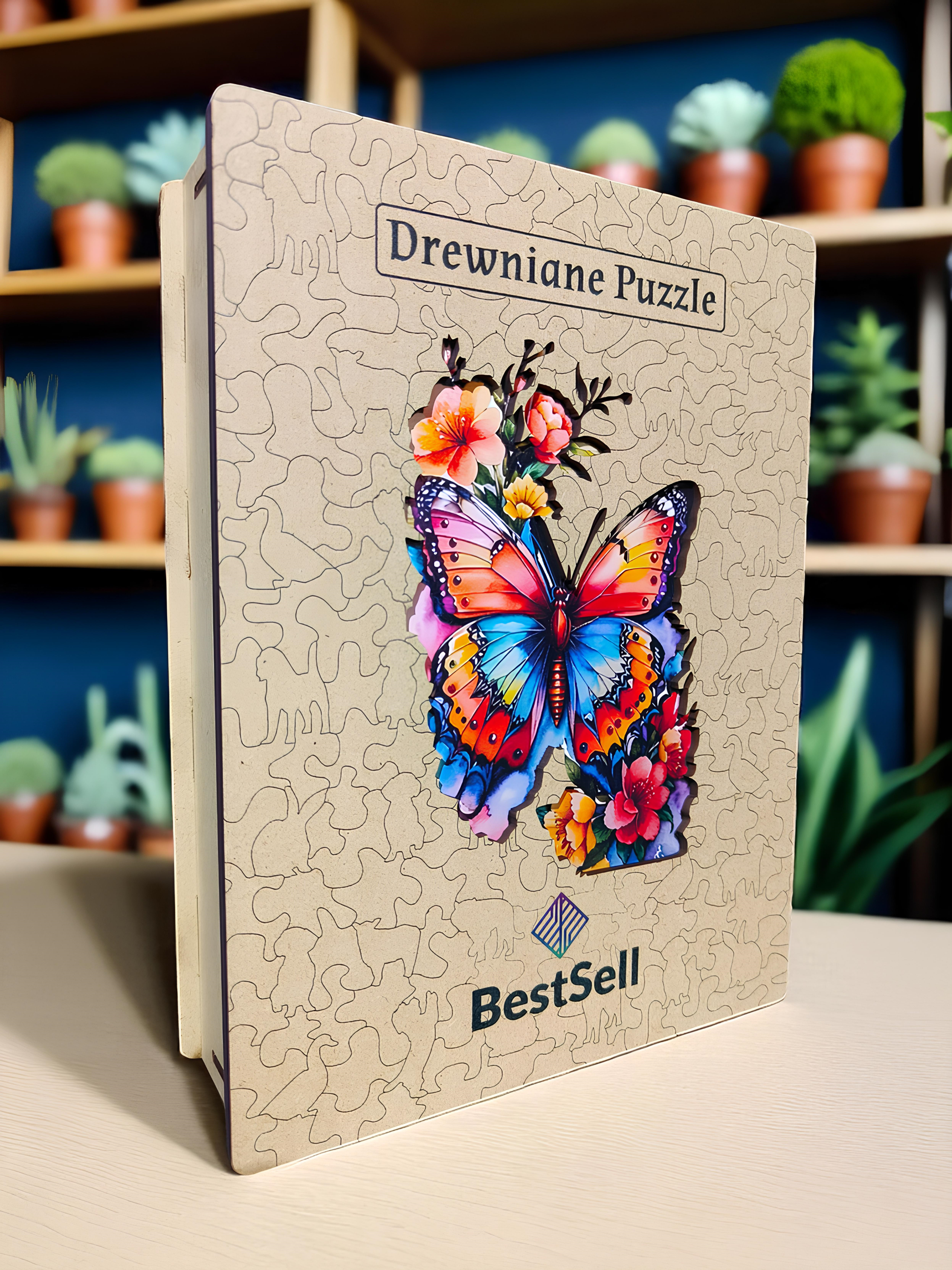 DREWNIANE PUZZLE BESTSELL KOLOROWY MOTYL W KWIATACH - UKŁADANKA ZWIERZĘTA Z PUZZLI DLA DZIECI I DOROSŁYCH