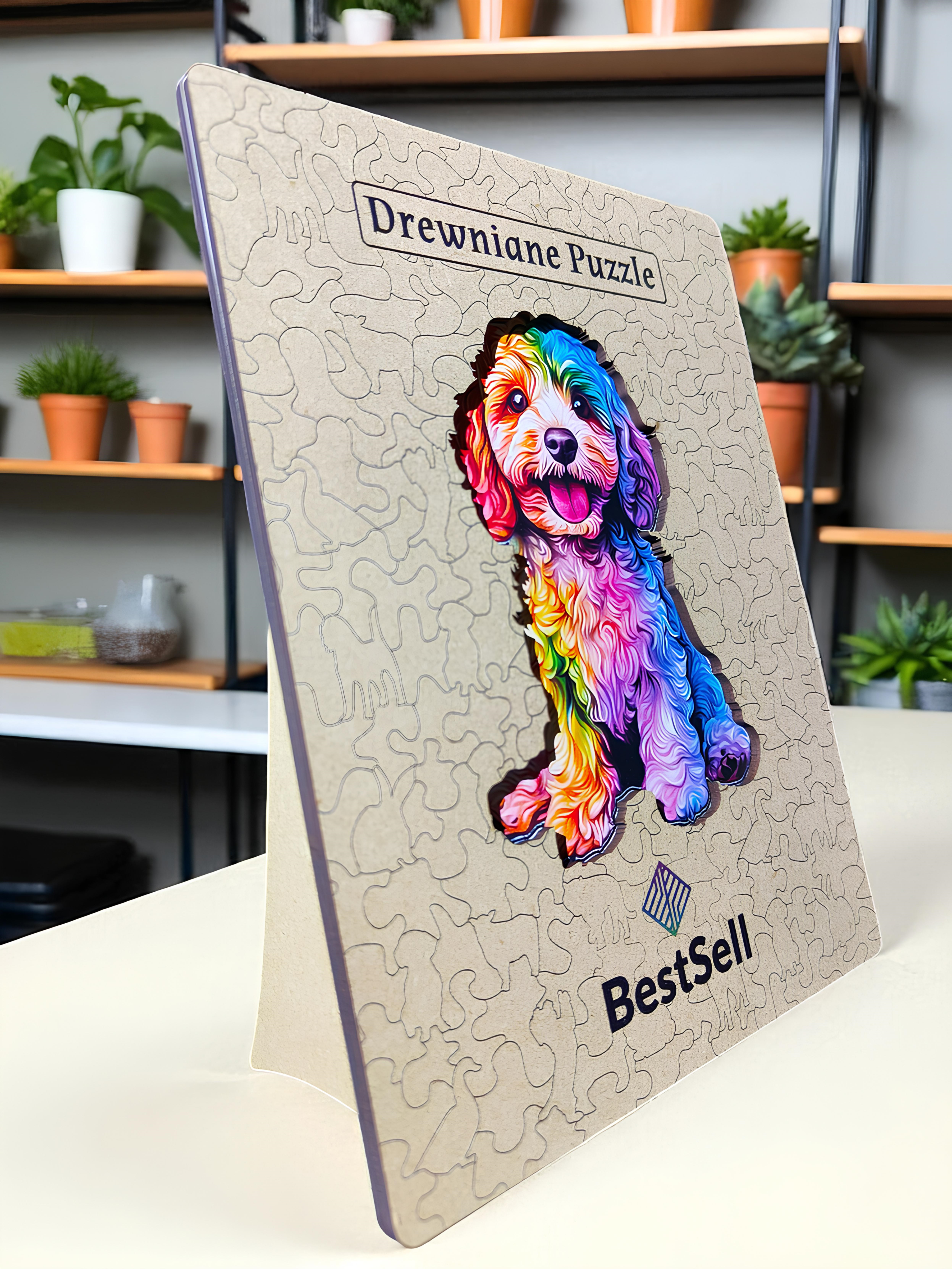 DREWNIANE PUZZLE BESTSELL KOLOROWY PIES PIESEK - UKŁADANKA NA PREZENT URODZINOWY DLA DZIECI I DOROSŁYCH