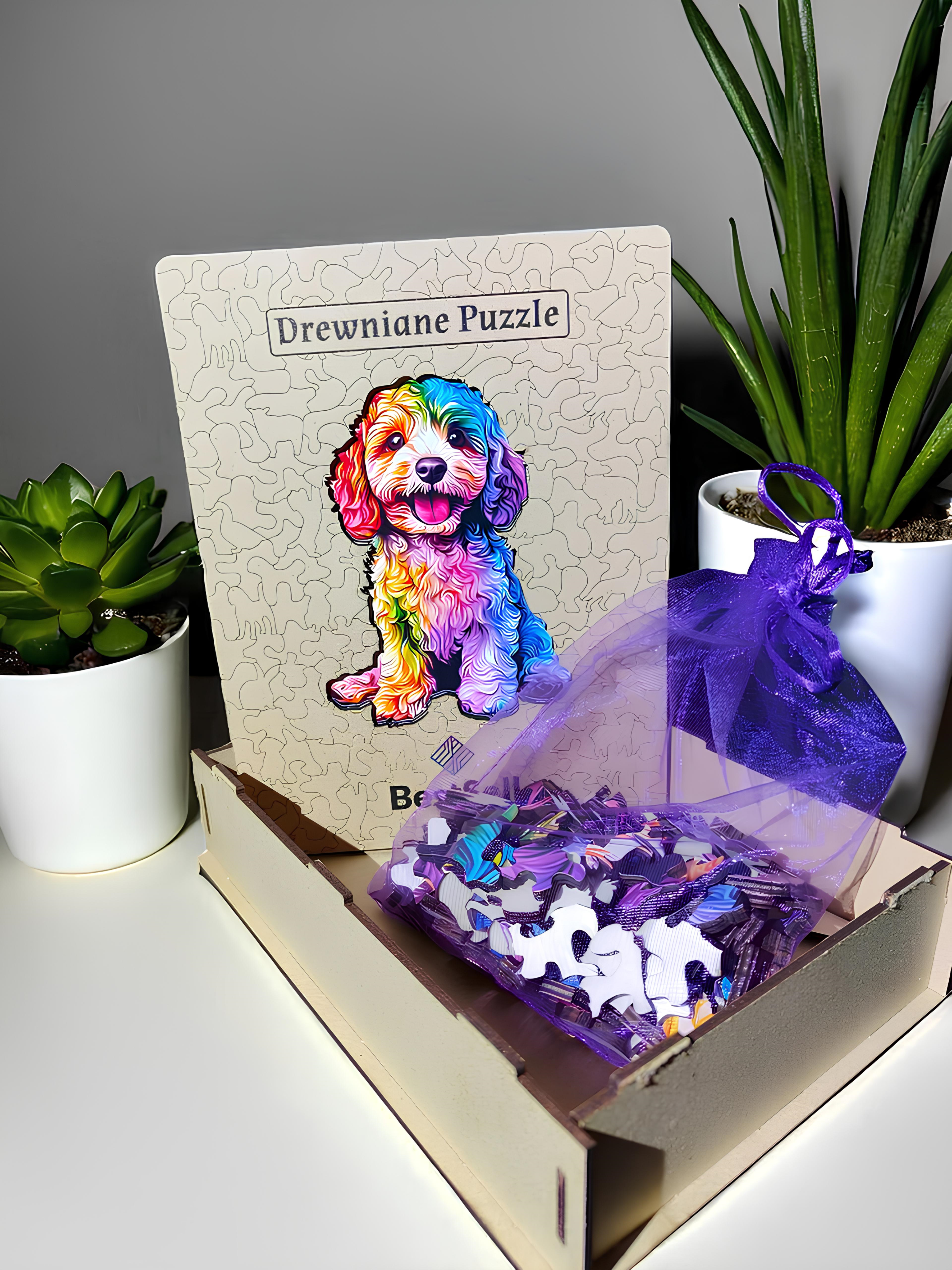 DREWNIANE PUZZLE BESTSELL KOLOROWY PIES PIESEK - UKŁADANKA NA PREZENT URODZINOWY DLA DZIECI I DOROSŁYCH