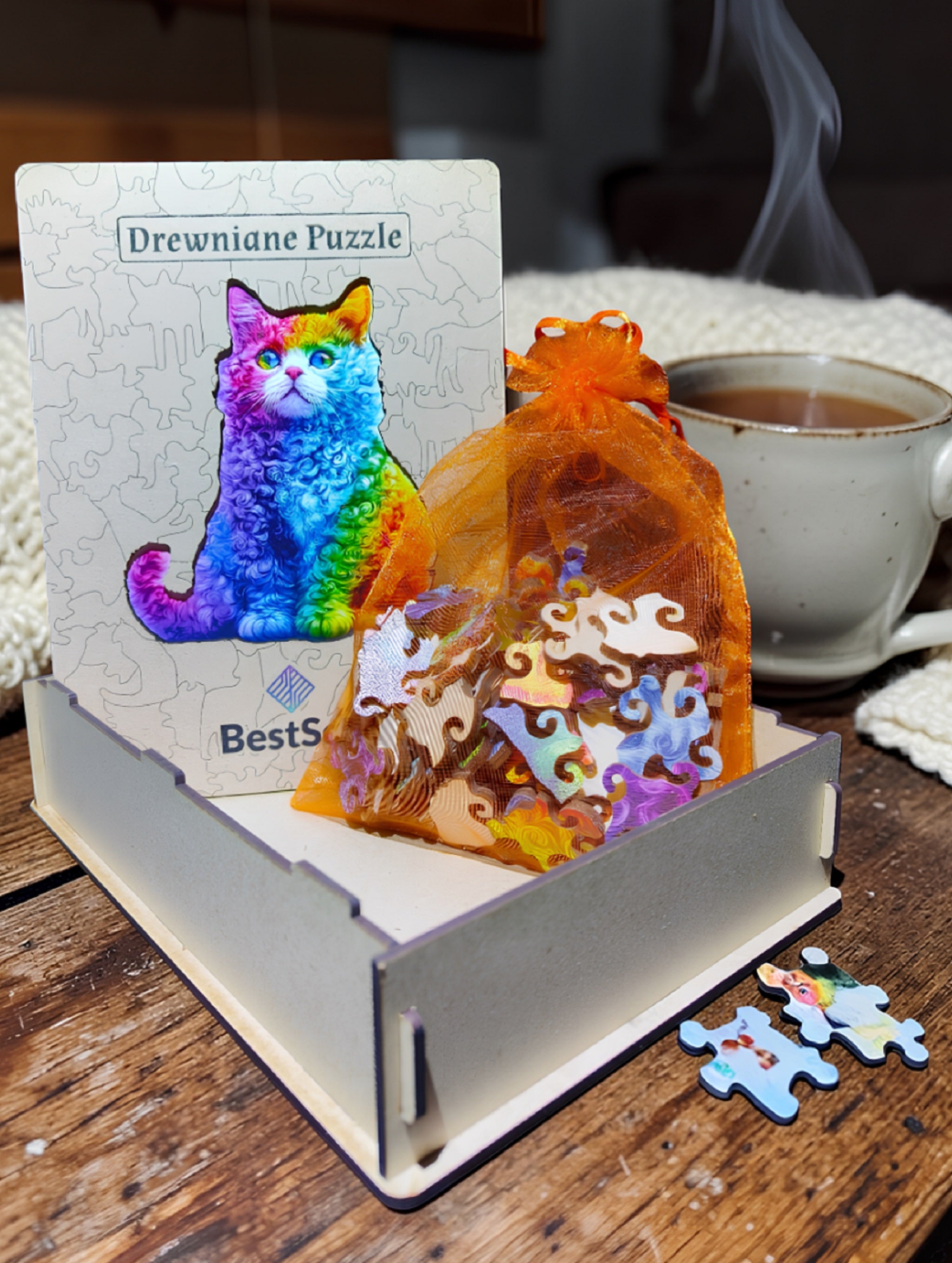 Puzzle Drewniane Tęczowy Kot