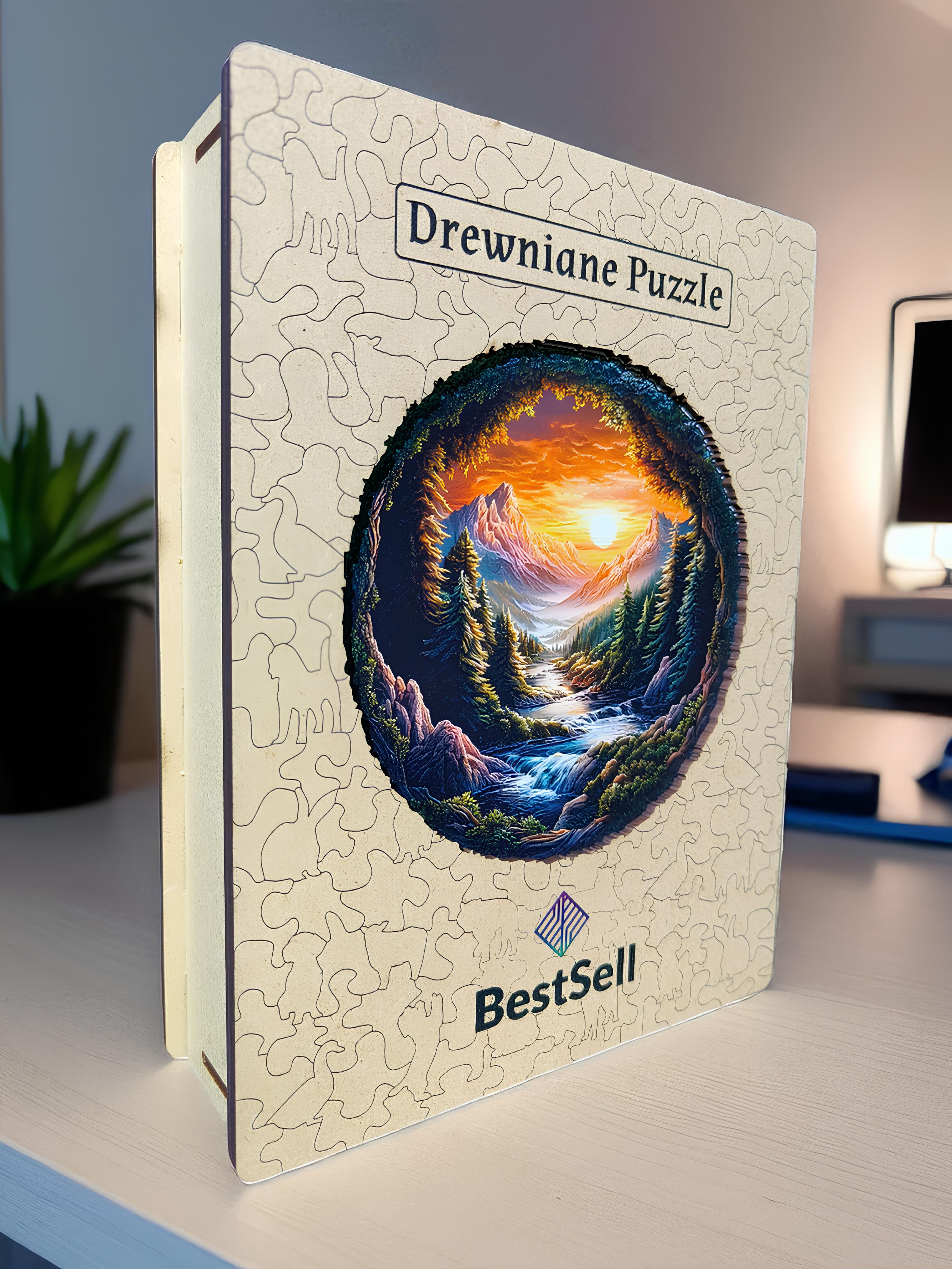 PUZZLE DREWNIANE KRAJOBRAZ - LAS, GÓRY, STRUMIEŃ, UKŁADANKA ZWIERZĘTA DLA DZIECI I DOROSŁYCH + DREWNIANE PUDEŁKO