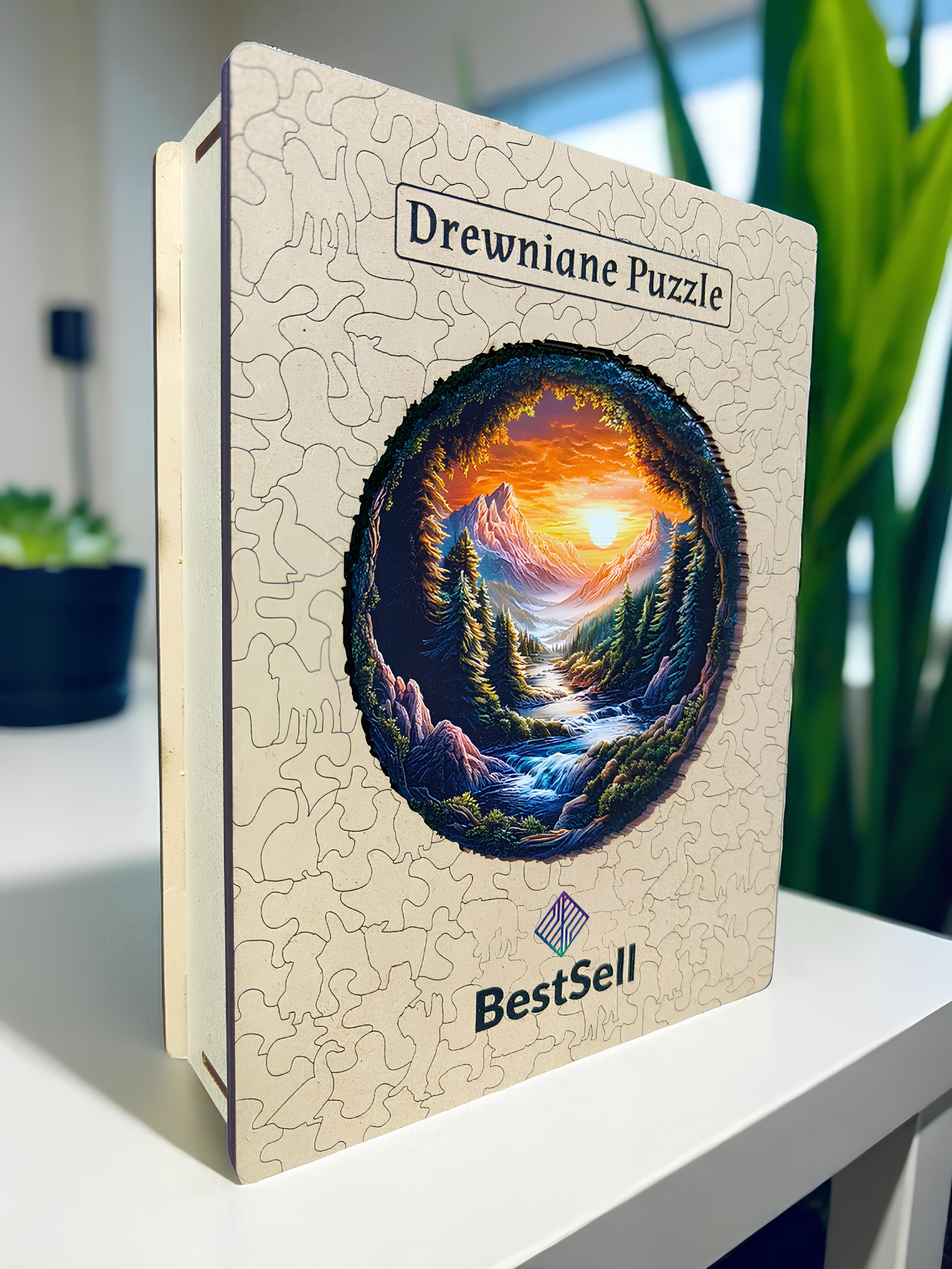 PUZZLE DREWNIANE KRAJOBRAZ - LAS, GÓRY, STRUMIEŃ, UKŁADANKA ZWIERZĘTA DLA DZIECI I DOROSŁYCH + DREWNIANE PUDEŁKO